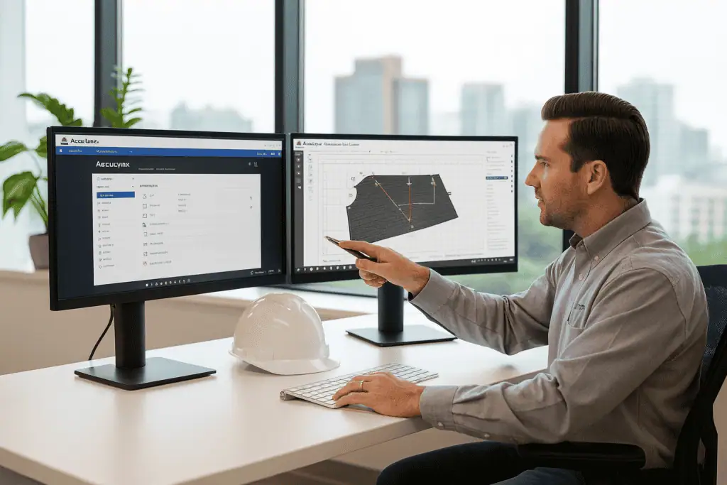 Roofing contractor using AccuLynx Estimator Tool Review for CRM and estimating software on computer