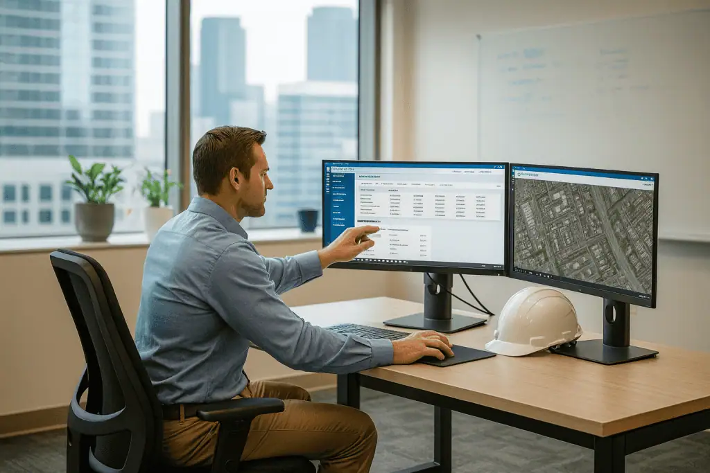 Roofing contractor using Builder Prime Estimator Tool Review for CRM and estimating dashboard on computer