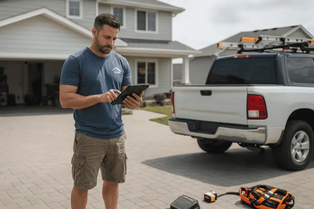 Roofing contractor using iRoofing Estimator Tool Review mobile app to create estimate on tablet