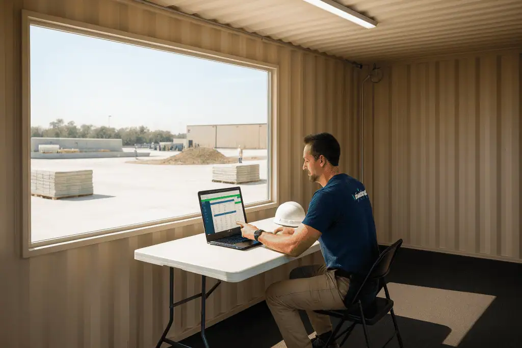 Roofing contractor using JobNimbus Estimator Tool Review for CRM and estimating dashboard on laptop