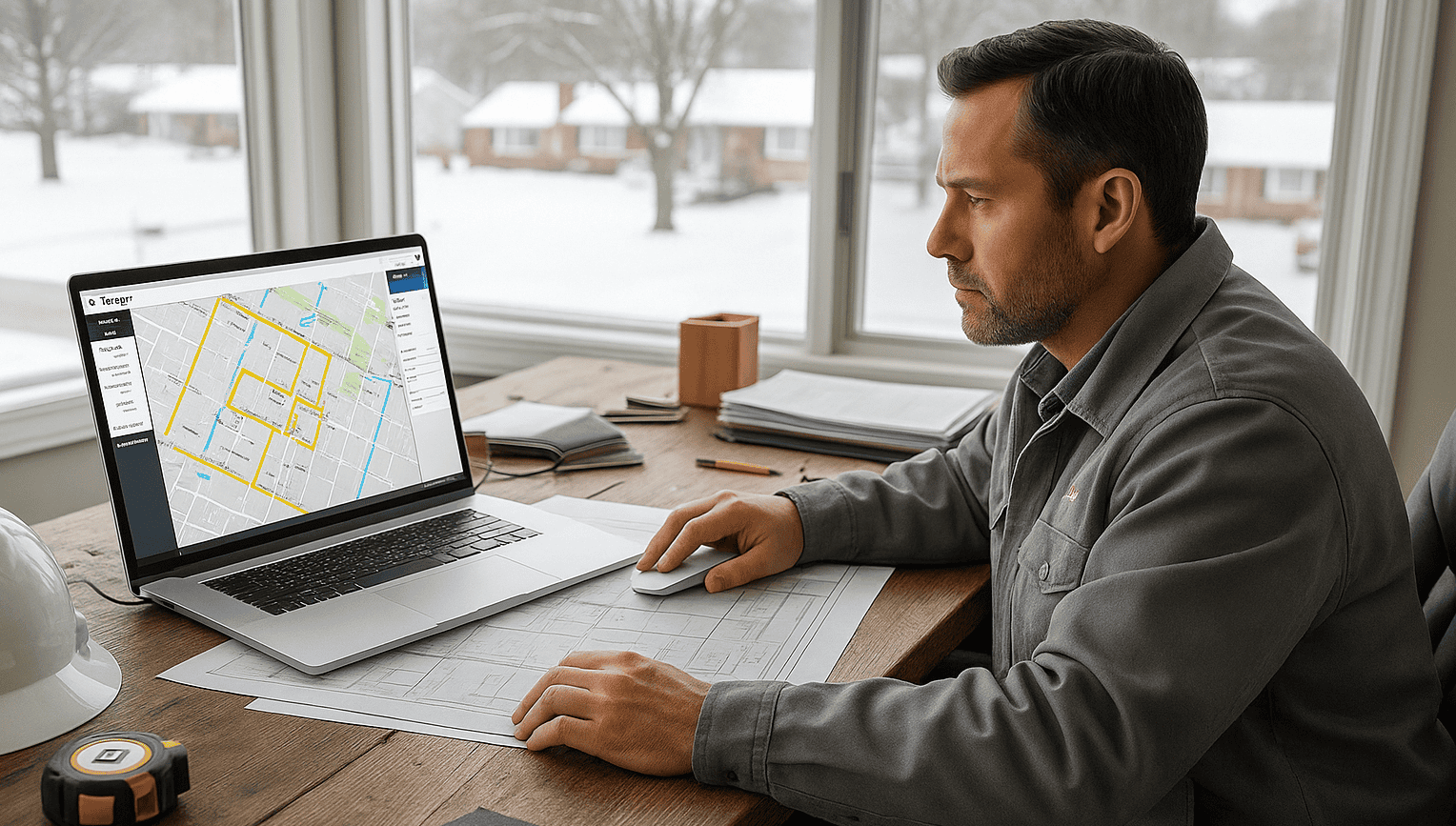 Roofing contractor using Roofr estimating dashboard on laptop