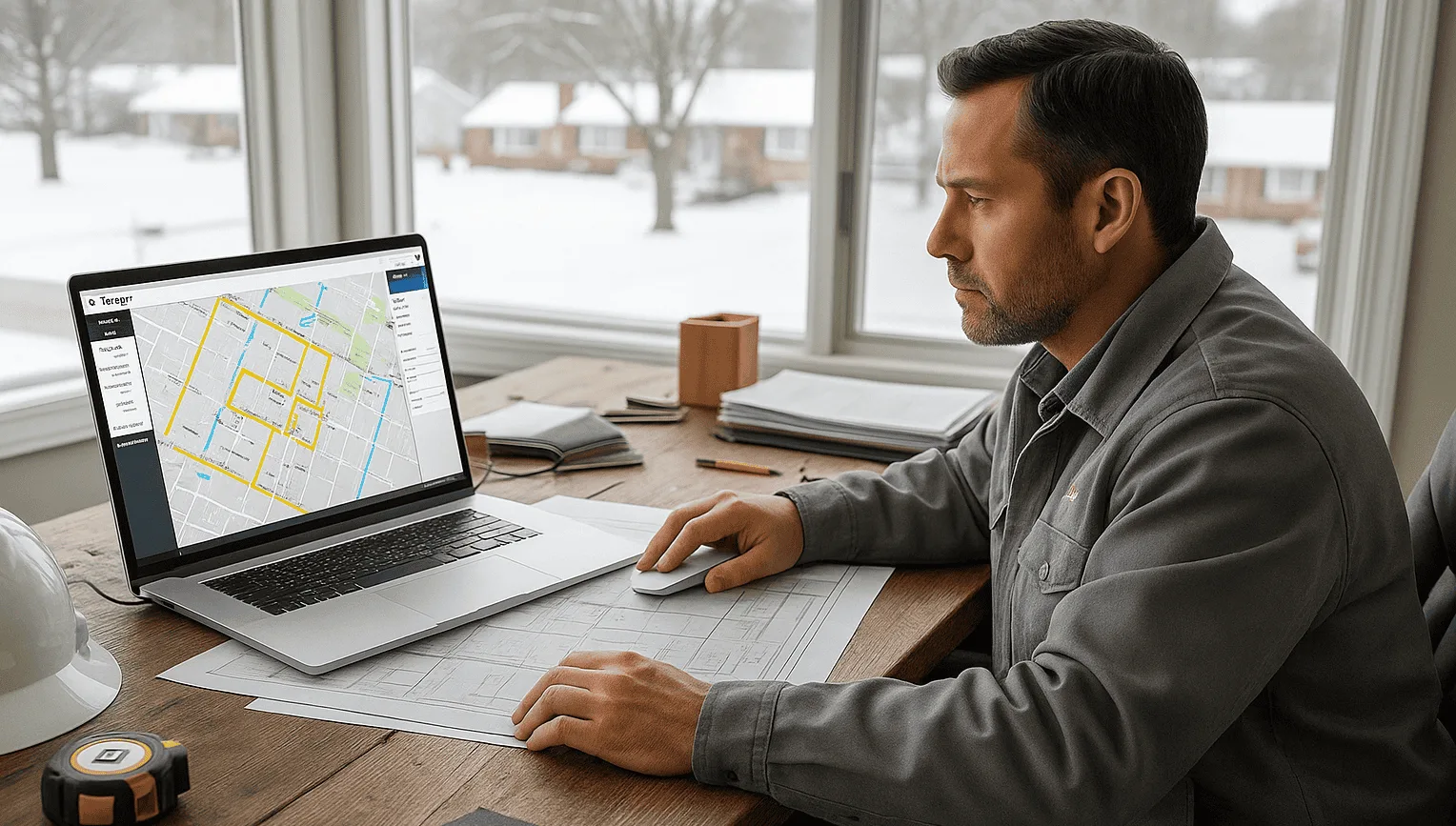 Roofing contractor using Roofr estimating dashboard on laptop